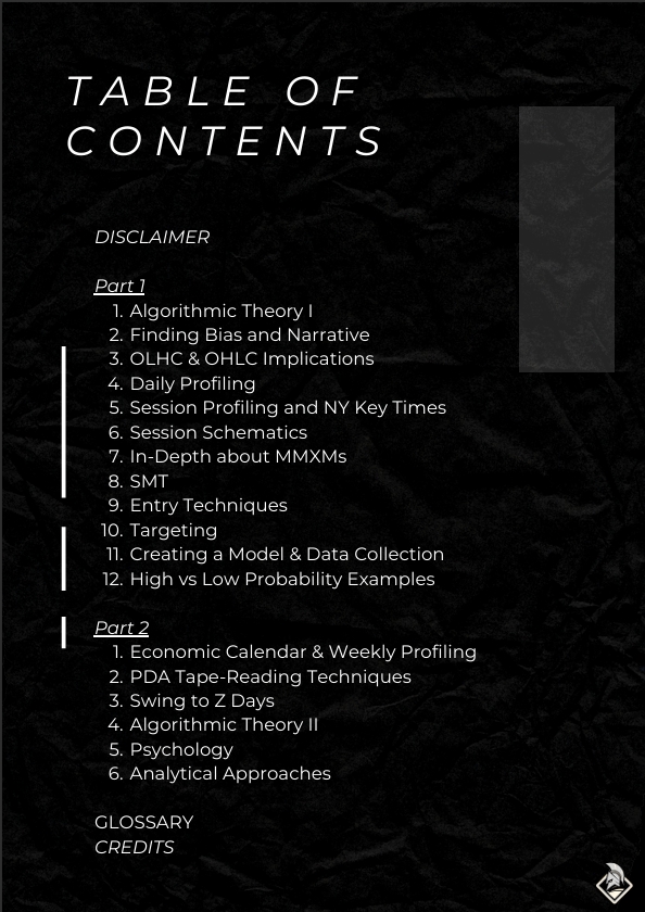 Table of contents: bias and narrative, session profiling, MMXMs, SMT, entries, targeting, model building, tape-reading, and psychology